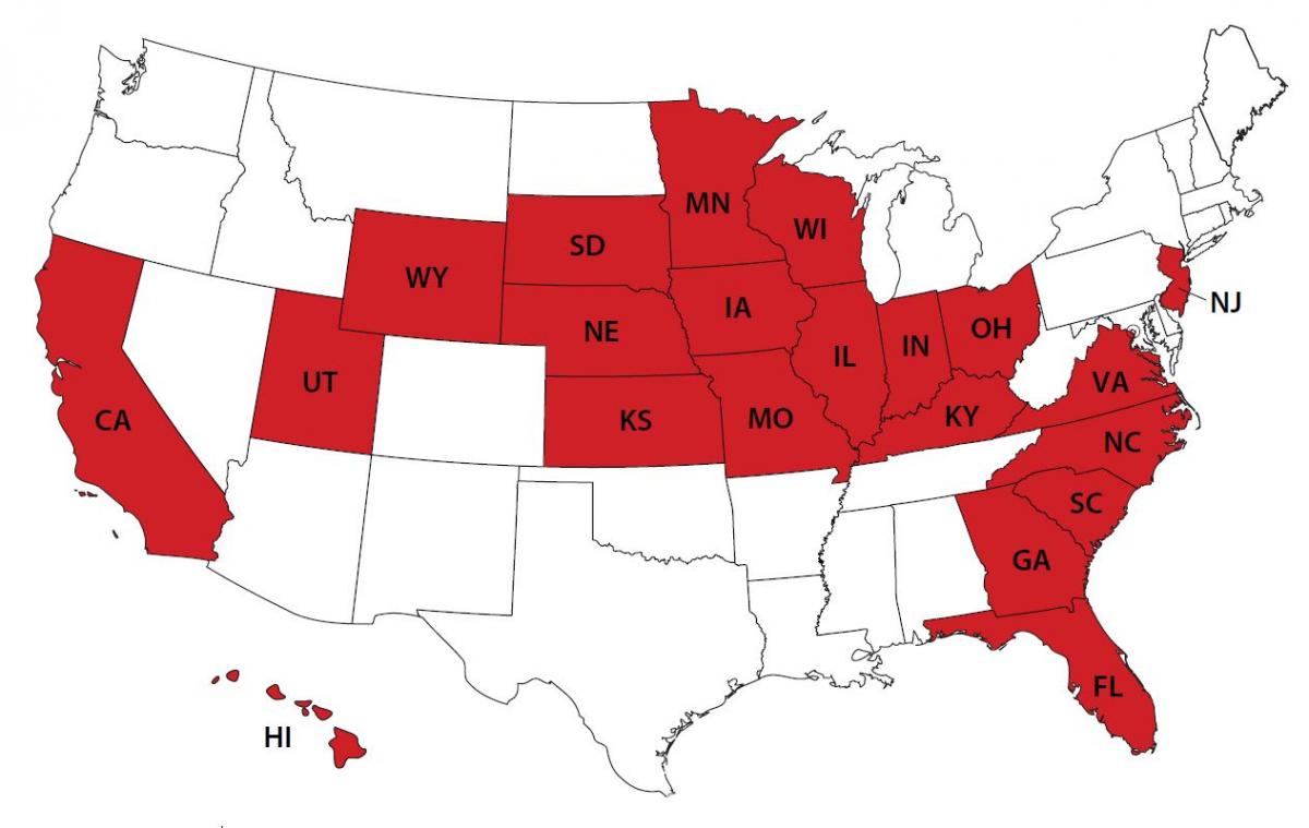 Map of the United States with some filled in with red.
