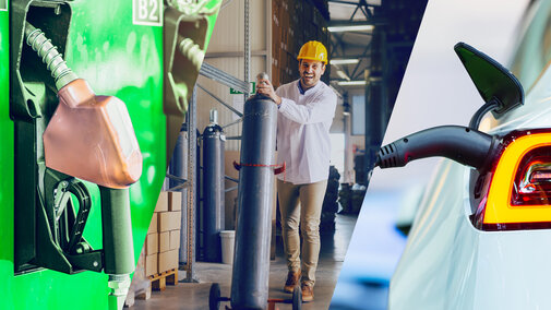 A photo of a gas pump handle, a man wheeling a tank, and an ev charger pugged into a vehicle