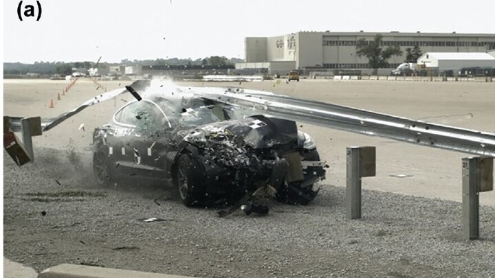 EV crash test against roadside barrier