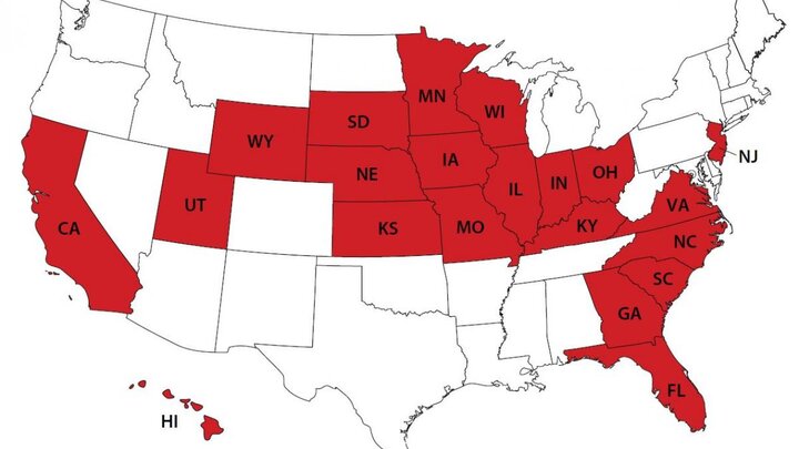 Map of the united states with states highlighted red