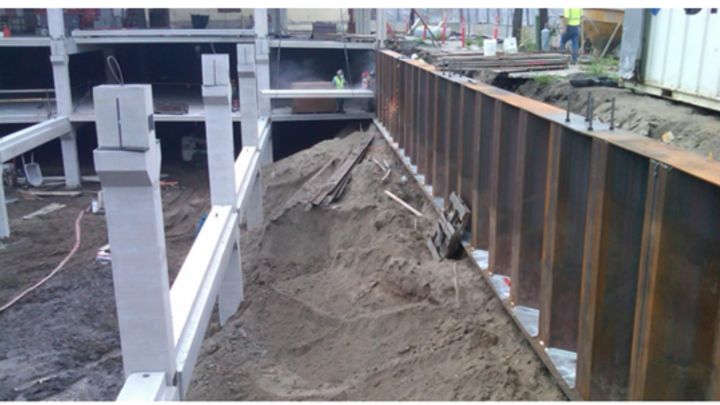 Construction site of steel sheet-piles being installed