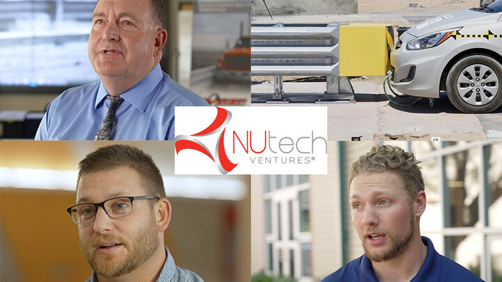 Image split into four with three images of men speaking, a crash test, and the NUtech logo in the center