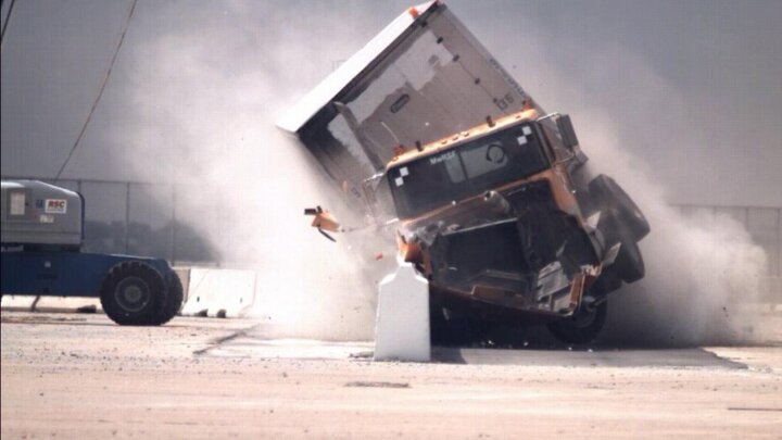 Box truck crash test against a concrete barrier