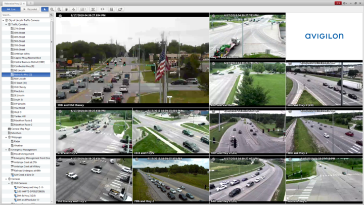 AVIGILON Enterprise software displaying City of Lincoln cameras